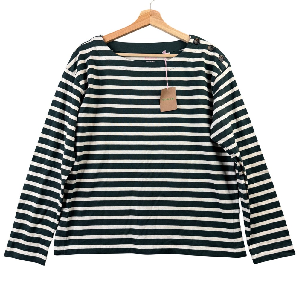 Boden Women's Dark Green and White Striped Long Sleeve Tee